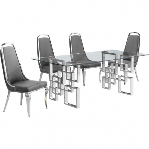 D221 5 Piece Dining Set in Tempered Glass, Stainless, Dark Gray Velvet & Chrome