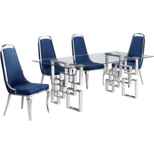 D221 5 Piece Dining Set in Tempered Glass, Stainless, Navy Blue Velvet & Chrome