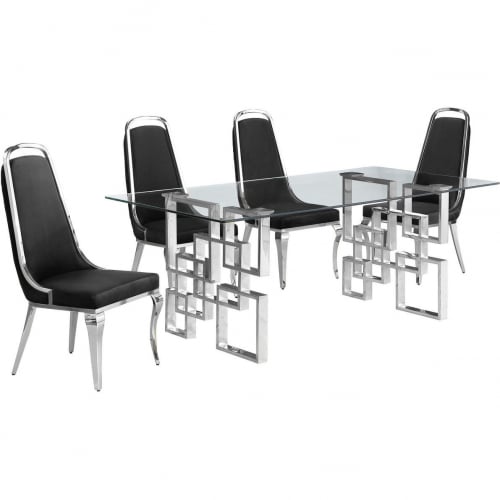 D221 5 Piece Dining Set in Tempered Glass, Stainless, Black Velvet & Chrome