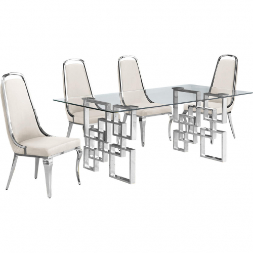 D221 5 Piece Dining Set in Tempered Glass, Stainless, Cream Velvet & Chrome