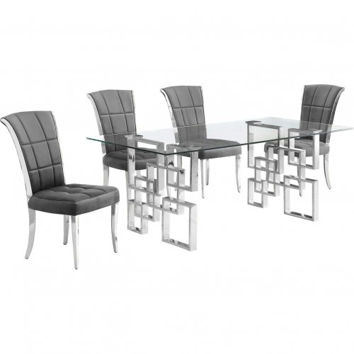 D221 5 Piece Dining Set in Tempered Glass, Stainless, Dark Gray Velvet & Chrome