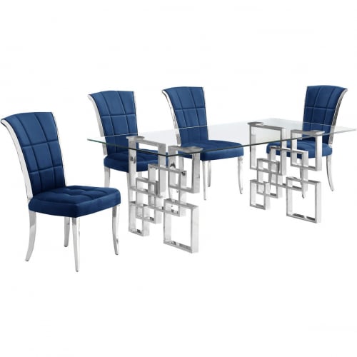 D221 5 Piece Dining Set in Tempered Glass, Stainless, Navy Blue Velvet & Chrome