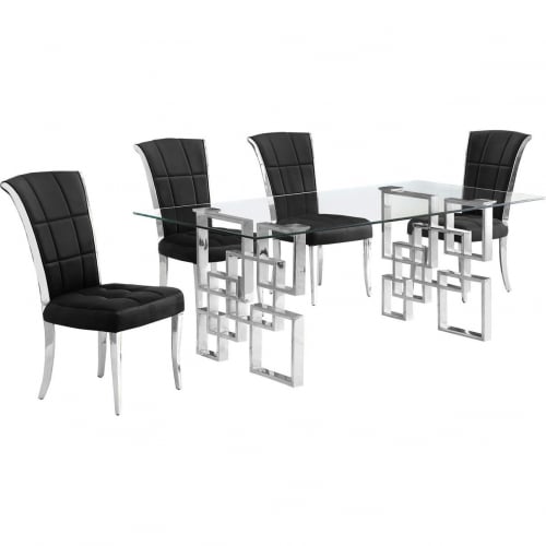 D221 5 Piece Dining Set in Tempered Glass, Stainless, Black Velvet & Chrome