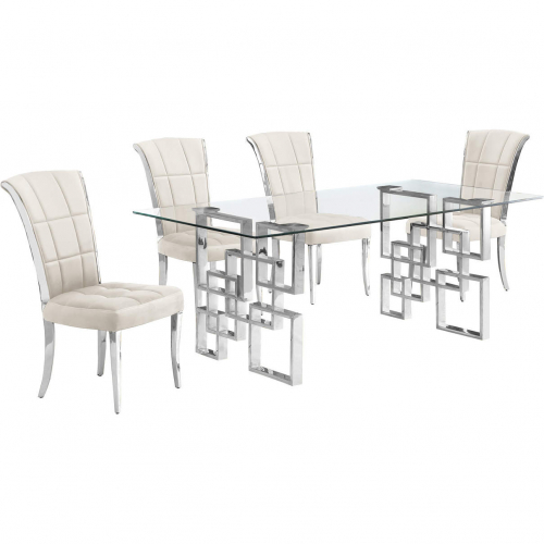 D221 5 Piece Dining Set in Tempered Glass, Stainless, Cream Velvet & Chrome