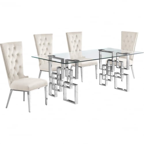 D221 5 Piece Dining Set in Tempered Glass, Stainless, Cream Velvet & Chrome