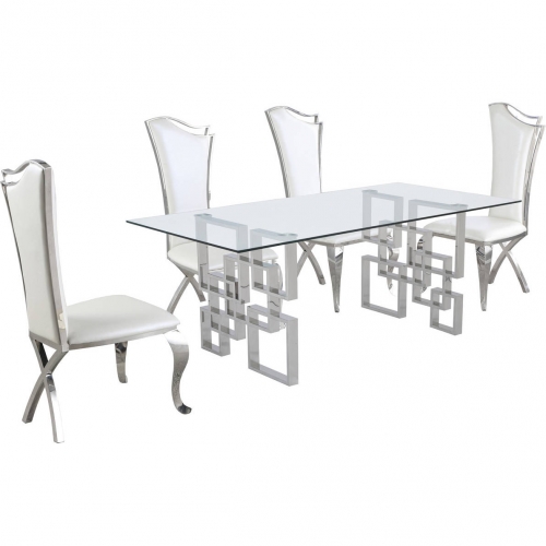 D221 5 Piece Dining Set in Glass, Silver Stainless Steel & White Leatherette