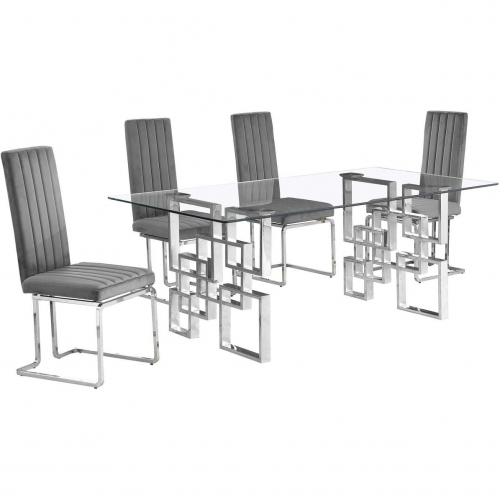 D221 5 Piece Dining Set in Tempered Glass, Stainless, Dark Gray Velvet & Chrome