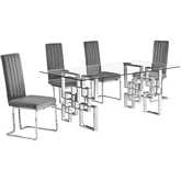 D221 5 Piece Dining Set in Tempered Glass, Stainless, Dark Gray Velvet & Chrome