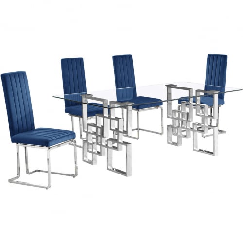 D221 5 Piece Dining Set in Tempered Glass, Stainless, Navy Blue Velvet & Chrome