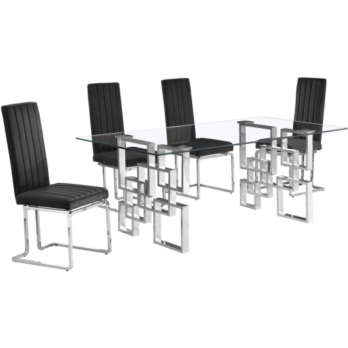 D221 5 Piece Dining Set in Tempered Glass, Stainless, Black Velvet & Chrome