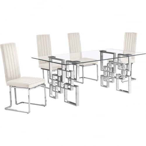 D221 5 Piece Dining Set in Tempered Glass, Stainless, Cream Velvet & Chrome