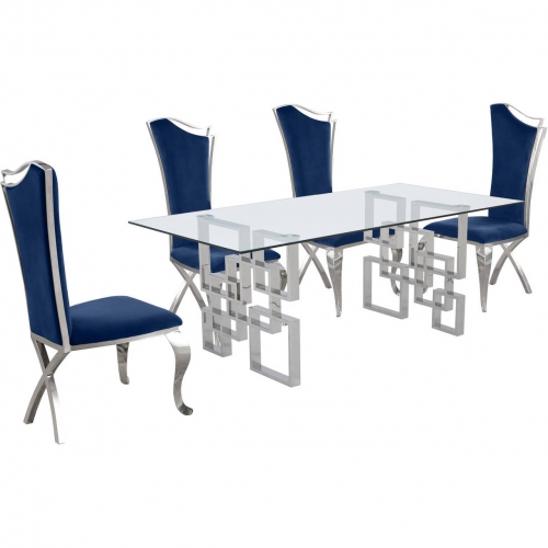 D221 5 Piece Dining Set in Glass, Silver Stainless Steel & Navy Blue Velvet