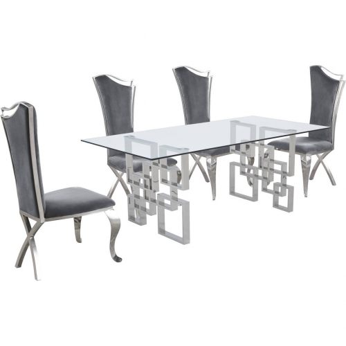 D221 5 Piece Dining Set in Glass, Silver Stainless Steel & Dark Gray Velvet