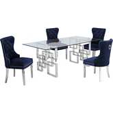 D221 5 Piece Dining Set in Glass, Silver Stainless Steel & Navy Blue Velvet Fabric