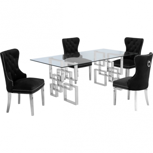 D221 5 Piece Dining Set in Glass, Silver Stainless Steel & Black Velvet Fabric