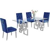 D221 5 Piece Dining Set in Glass, Silver Stainless Steel & Navy Blue Velvet Fabric