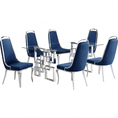 D221 7 Piece Dining Set in Tempered Glass, Stainless Steel & Navy Blue Velvet