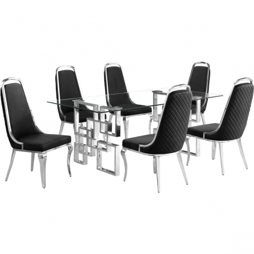 D221 7 Piece Dining Set in Tempered Glass, Stainless Steel & Black Velvet