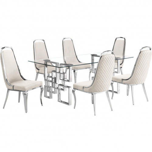 D221 7 Piece Dining Set in Tempered Glass, Stainless Steel & Cream Velvet