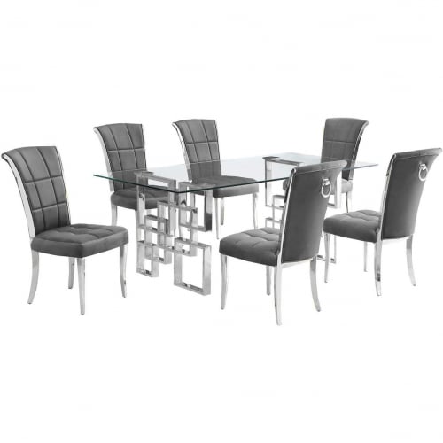 D221 7 Piece Dining Set in Tempered Glass, Stainless Steel & Dark Gray Velvet