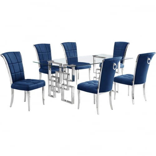 D221 7 Piece Dining Set in Tempered Glass, Polished Stainless Steel & Navy Blue Velvet