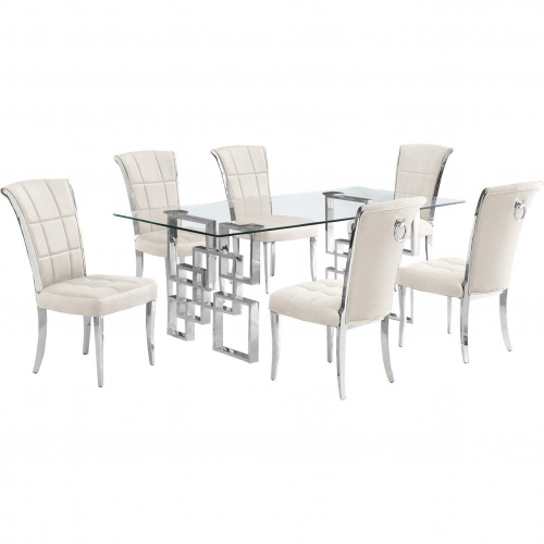 D221 7 Piece Dining Set in Tempered Glass, Polished Stainless Steel & Cream Velvet