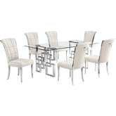 D221 7 Piece Dining Set in Tempered Glass, Polished Stainless Steel & Cream Velvet