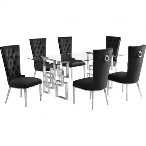 D221 7 Piece Dining Set in Tempered Glass, Polished Stainless Steel & Black Velvet