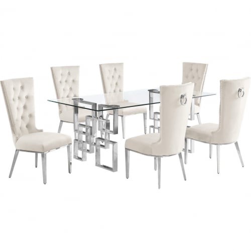 D221 7 Piece Dining Set in Tempered Glass, Polished Stainless Steel & Cream Velvet