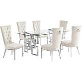 D221 7 Piece Dining Set in Tempered Glass, Polished Stainless Steel & Cream Velvet