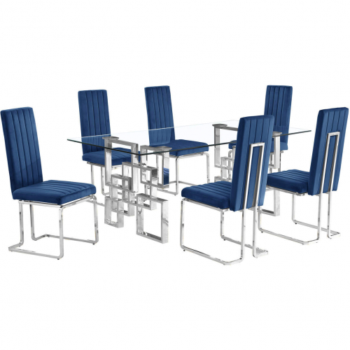 D221 7 Piece Dining Set in Tempered Glass, Stainless Steel & Navy Blue Velvet