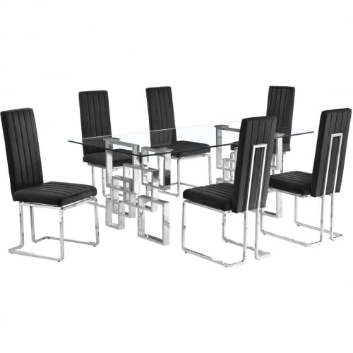 D221 7 Piece Dining Set in Tempered Glass, Stainless Steel & Black Velvet