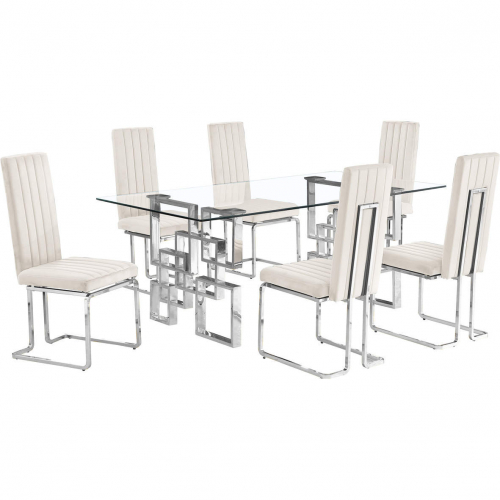 D221 7 Piece Dining Set in Tempered Glass, Stainless Steel & Cream Velvet