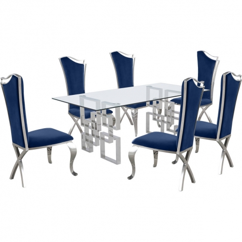 D221 7 Piece Dining Set in Glass, Silver Stainless Steel & Navy Blue Velvet