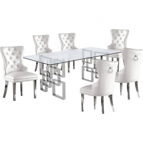 D221 7 Piece Dining Set in Glass, Silver Stainless Steel & White Leatherette