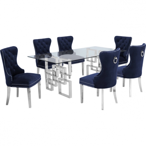 D221 7 Piece Dining Set in Glass, Silver Stainless Steel & Navy Blue Velvet