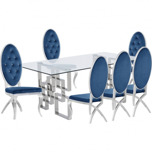 D221 7 Piece Dining Set in Glass, Silver Stainless Steel & Navy Blue Velvet