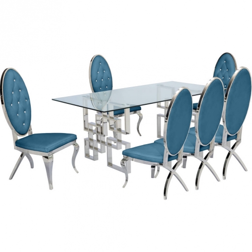 D221 7 Piece Dining Set in Glass, Silver Stainless Steel & Teal Blue Velvet