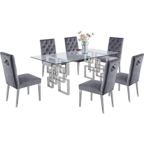 D221 7 Piece Dining Set in Glass, Silver Stainless Steel & Dark Grey Velvet