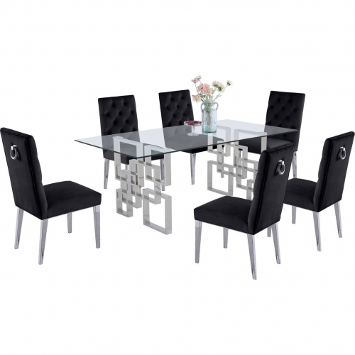 D221 7 Piece Dining Set in Glass, Silver Stainless Steel & Black Velvet