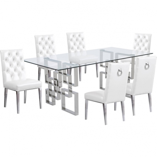 D221 7 Piece Dining Set in Glass, Silver Stainless Steel & White Leatherette