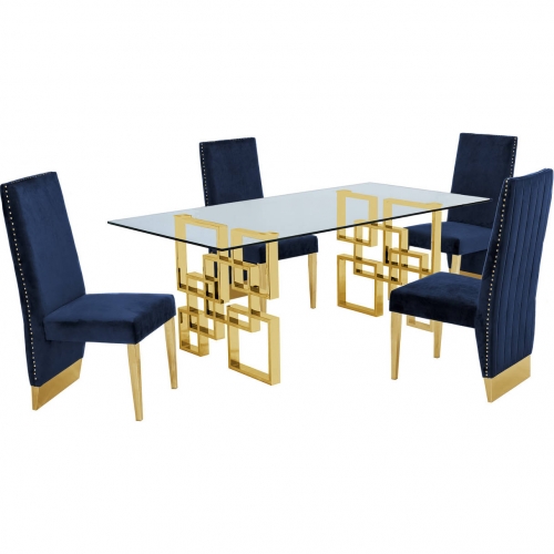 D222 5 Piece Dining Set in Glass, Gold Stainless Steel & Navy Blue Velvet