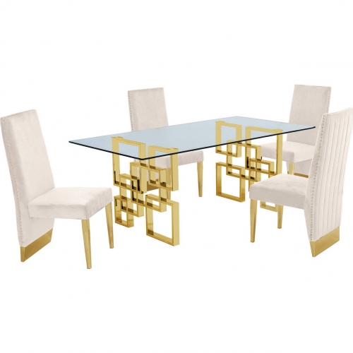 D222 5 Piece Dining Set in Glass, Gold Stainless Steel & Cream Velvet