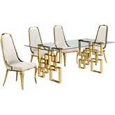 D222 Dining Set in Tempered Glass, Gold Stainless, Cream Velvet & Gold Chrome