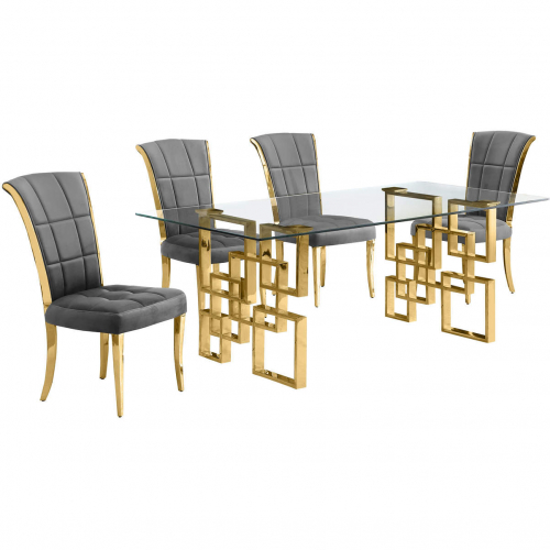 D222 Dining Set in Tempered Glass, Gold Stainless, Dark Gray Velvet & Gold Chrome