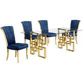 D222 Dining Set in Tempered Glass, Gold Stainless, Navy Blue Velvet & Gold Chrome