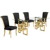 D222 Dining Set in Tempered Glass, Gold Stainless, Black Velvet & Gold Chrome