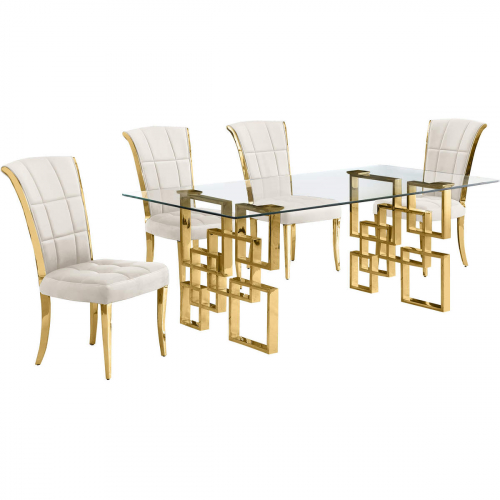 D222 Dining Set in Tempered Glass, Gold Stainless, Cream Velvet & Gold Chrome