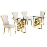 D222 Dining Set in Tempered Glass, Gold Stainless, Cream Velvet & Gold Chrome