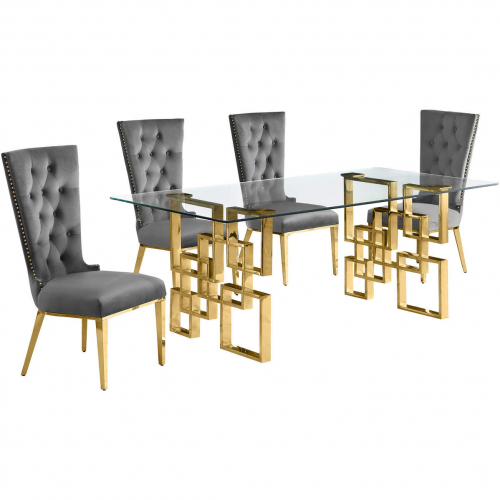 D222 Dining Set in Tempered Glass, Gold Stainless, Dark Gray Velvet & Gold Chrome